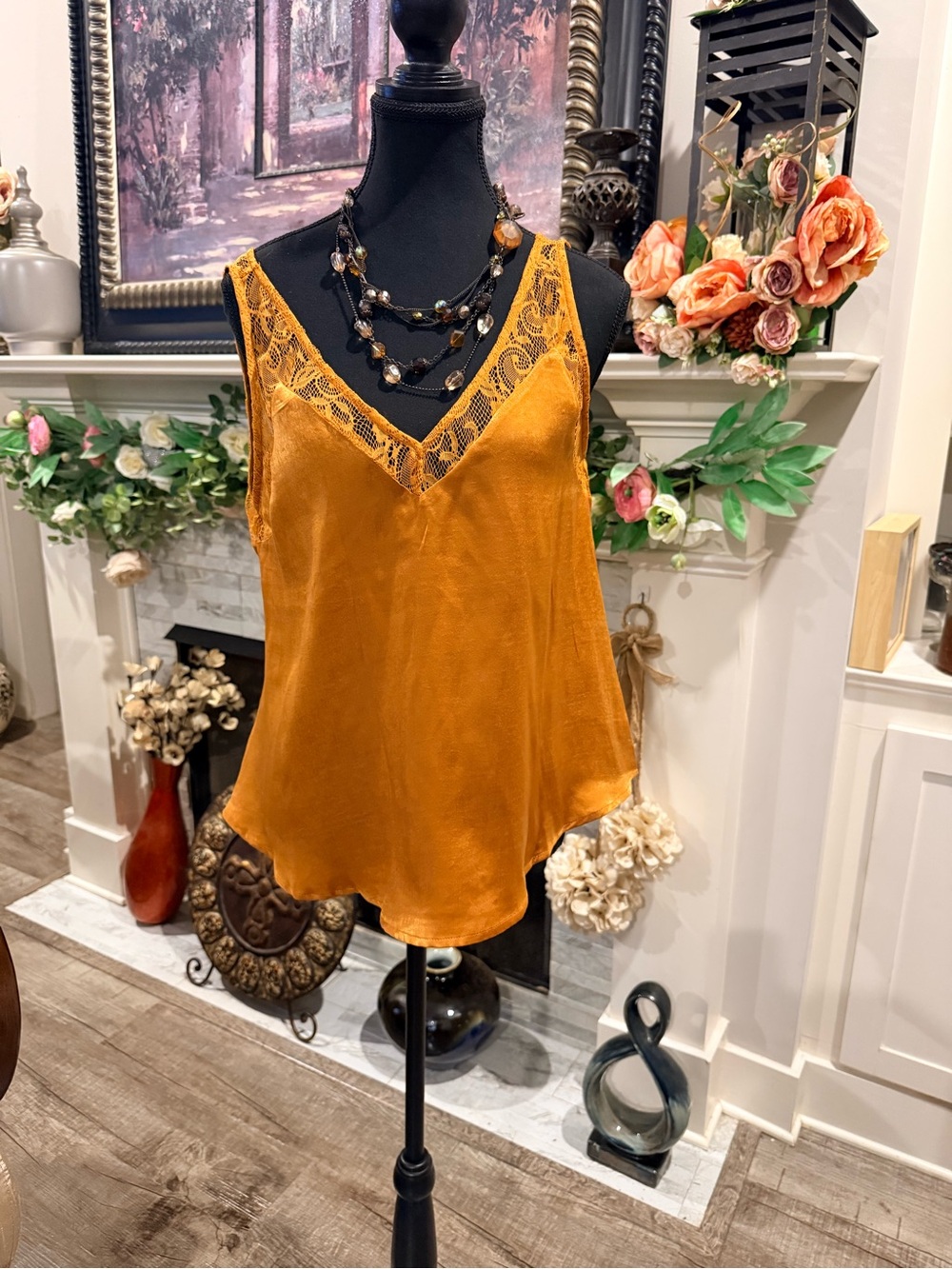 Listicle Mustard Satin Lace-Trim Camisole